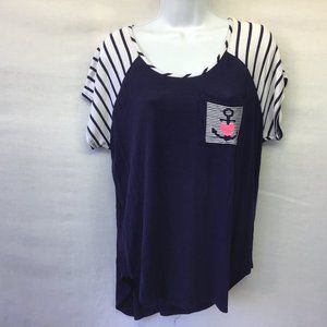 Top Gal LA Women Top blue Striped Pocket Short Sleeve Stretchy Nautical Silts 1X